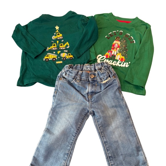The Children's Place 2 Green Holiday‎ Shirts and Blue Jeans Kids Matching Set - Picture 2 of 4